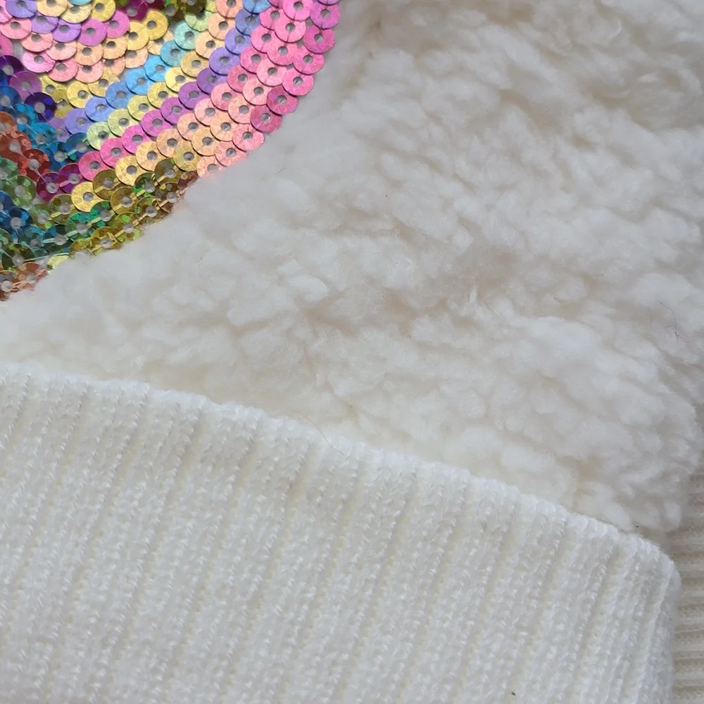Fuzzy Rainbow Sequin Heart Hat and Glove Set